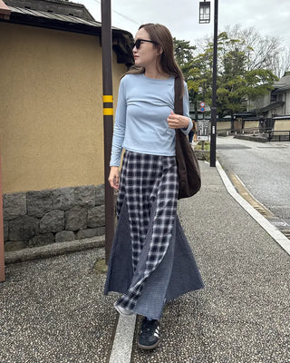 Slit check long skirt