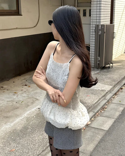 Polka Dot Sheer Balloon Sleeveless Blouse