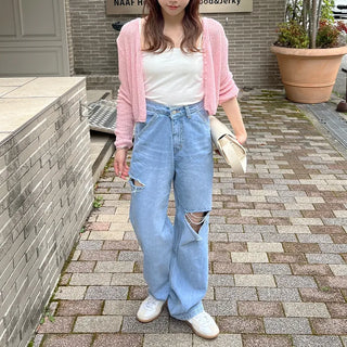 Distressed straight denim pants