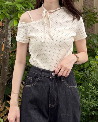 Dot Asymmetric Off-Shoulder Short-Sleeve T-Shirt
