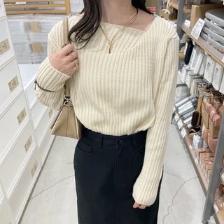 Ribbed Asymmetrical Neck Knit