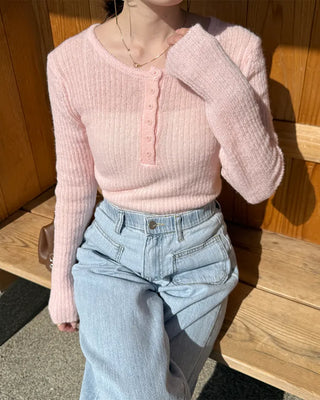 Half-open button ribbed knit