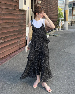 Wrinkle Dot Frill Long Dress