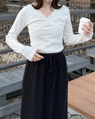 Dot Lace Point V-Neck Long Sleeve T-Shirt