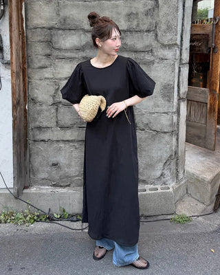 Balloon puff half-sleeve long dress
