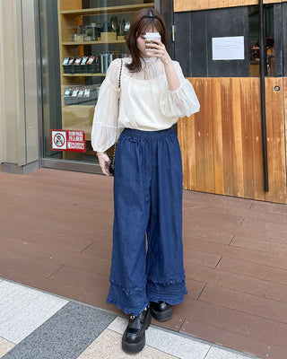 Frilled denim cotton wide-leg pants with elastic waistband