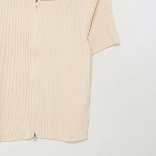 Colored Zipper Short-Sleeve Knit Cardigan