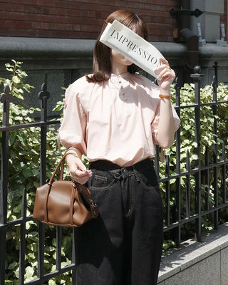 (ORIGINAL) Henley Neck Ribbon Balloon Blouse