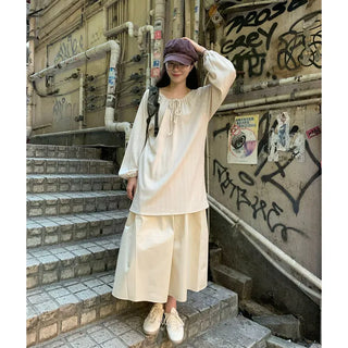 Cotton A-line shirred long skirt