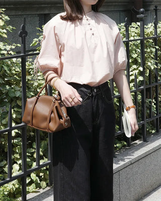 (ORIGINAL) Henley Neck Ribbon Balloon Blouse