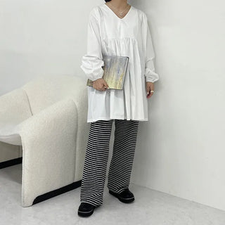 Striped elastic waist half-pants