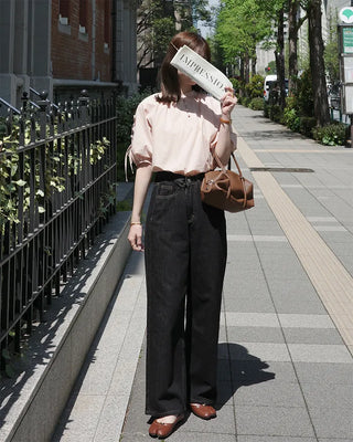 (ORIGINAL) Henley Neck Ribbon Balloon Blouse