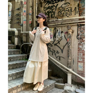 Cotton A-line shirred long skirt