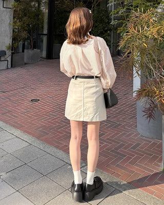 Belted Cotton Simple Mini Skirt