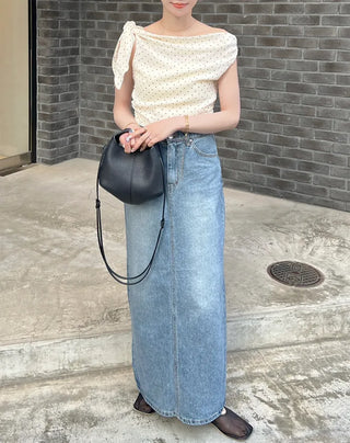 H-line elastic waist long denim skirt