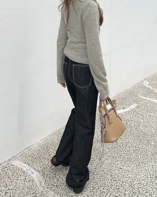 Stitched black straight denim pants