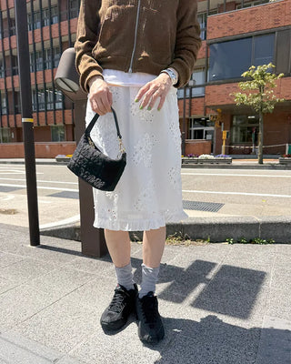 Flower punching frill midi skirt