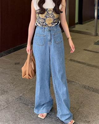 Front pocket elastic waist summer denim pants