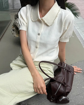 Pearl Button Short-Sleeve Colored Knit