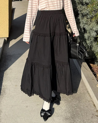 Lace tiered flared long skirt