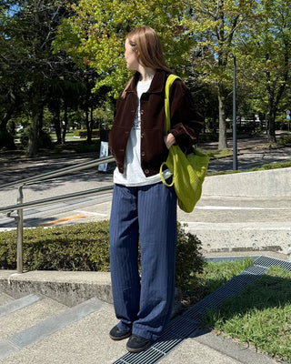 Suede stripe elastic waist pants