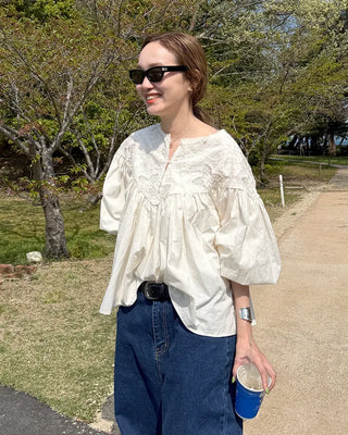 Jacquard lace balloon flare blouse