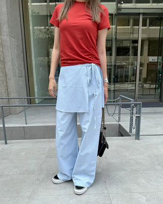 Striped layered wrap skirt set with banding pants
