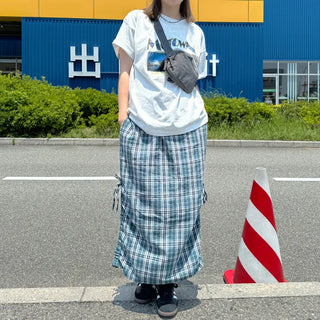 Checked ribbon strap long skirt