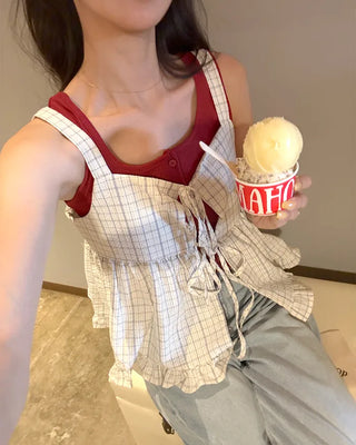 Checked ribbon sleeveless blouse