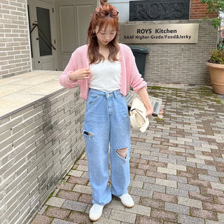 Distressed straight denim pants