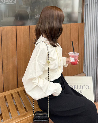 Lace tie set V-neck cotton blouse