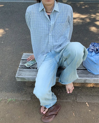 Seersucker check long-sleeved shirt