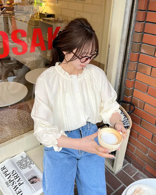 Frill neck ribbon strap blouse