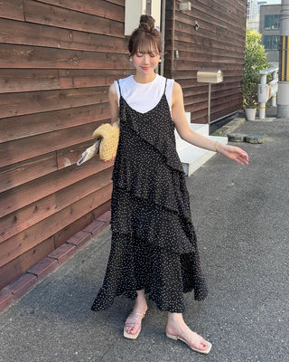 Wrinkle Dot Frill Long Dress