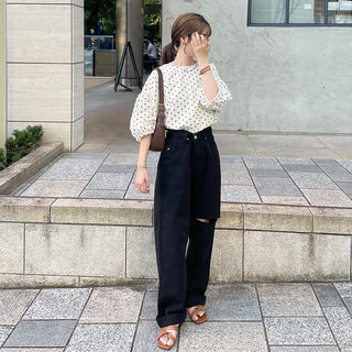 Slit Black Cotton Pants