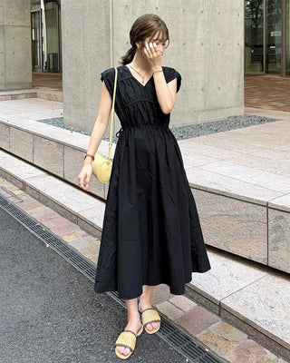 V-neck shirred long dress