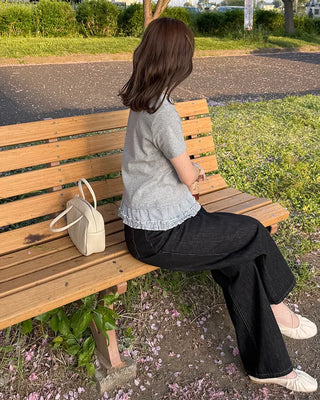 Checked ribbon frill short-sleeved T-shirt
