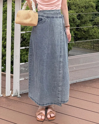 Wrap long denim skirt