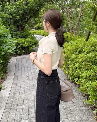 Satin ribbon short-sleeved blouse