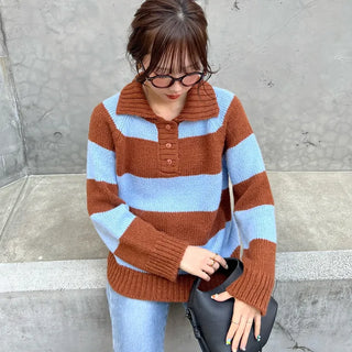 Striped button collar knit