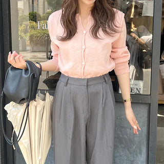 Linen blend round neck cardigan
