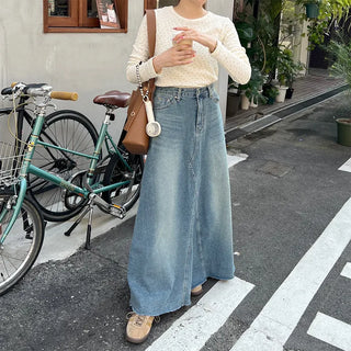 Flared long denim skirt