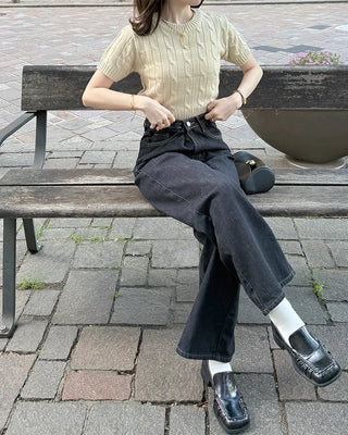 Round neck cable knit short sleeve knit
