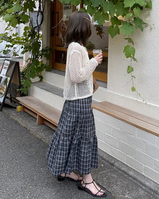 Checked banded long skirt