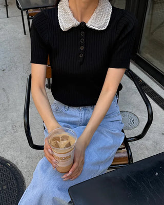 Pearl-embellished color-accented short-sleeved knit