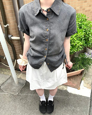 Denim Shirred Short-Sleeve Shirt