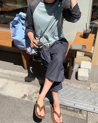 Summer knit raglan bicolor long-sleeve T-shirt