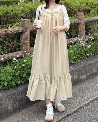 Back Ribbon Shirring Sleeveless Long Dress