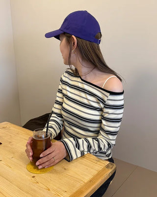 Half-off-shoulder striped T-shirt