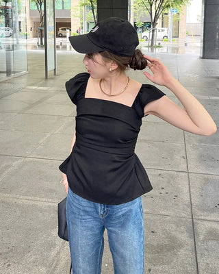 Frilled square neck shirred blouse